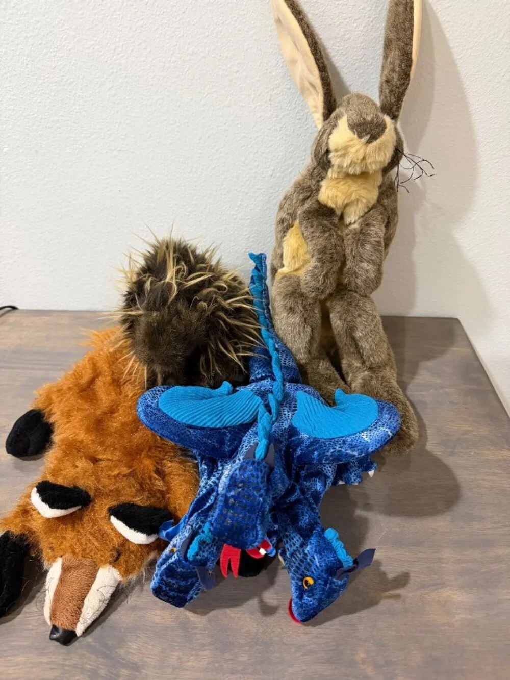 Lot 4 Folkmanis Plush Hand Puppets Fox, Rabbit, Porcupine, Dragon